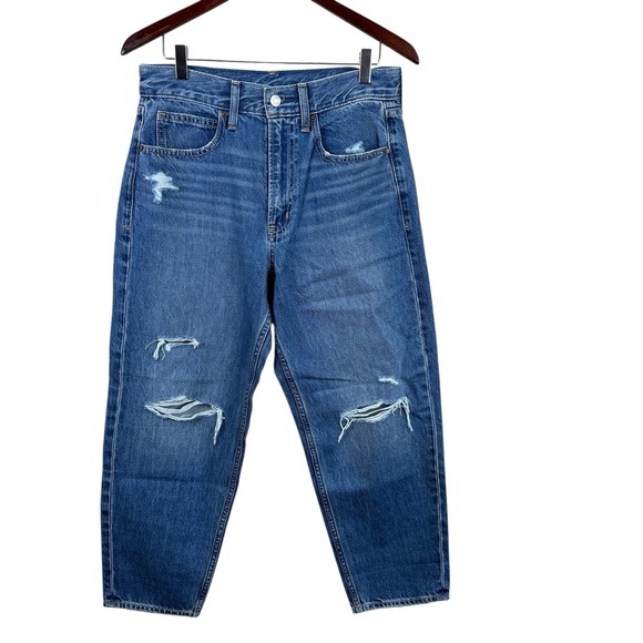 GAP Denim - Gap Women's Barrel Leg High Rise Size 28/6R Blue Denim Jeans Distressed